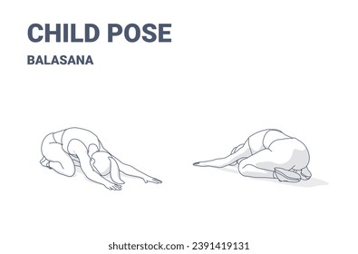 Childs Pose Exercise, Woman Home Workout Routine Guidance. Black and Wite Concept of Girl Yoga Training a Young Female in Sportswear do the Balasana Asana Outlined.