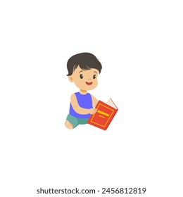child's pose reading a book in purple clothes child