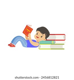 child's pose reading a book in purple clothes child