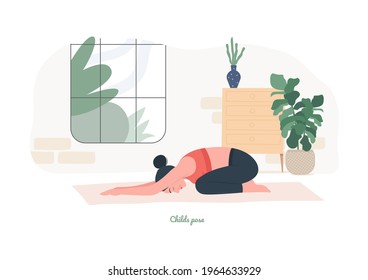 Childs pose Yoga pose. Young woman practicing yoga  exercise. Woman workout fitness, aerobic and exercises. Vector Illustration.