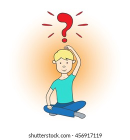 Child's question. Child scratching head with question mark above it. Concept for decision making, confusion, brainstorming. Vector illustration.