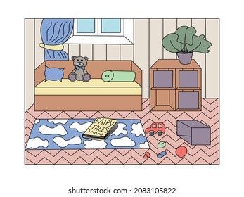 Child's room. Coloring page. Illustration for coloring