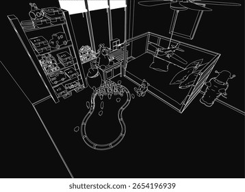 O quarto de uma criança apresenta um desenho em preto e branco com uma guitarra, uma mesa desordenada e um ventilador de teto. O fundo escuro cria uma atmosfera misteriosa. O esboço captura um espaço acolhedor, mas enigmático.