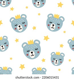 El patrón impecable de un niño con un oso azul lindo con una corona y estrellas. Impresión para textiles, bolsas, papelería. Dibujo vectorial dibujado a mano de un oso.