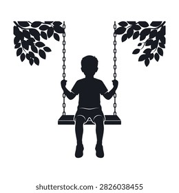 A child's silhouette on a swing under tree branches, evoking nostalgia and carefree childhood joy outdoors