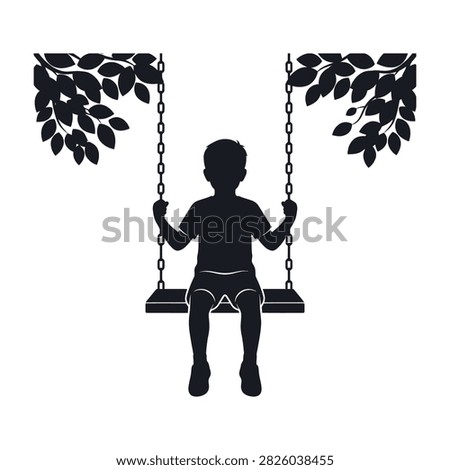A child's silhouette on a swing under tree branches, evoking nostalgia and carefree childhood joy outdoors