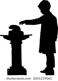 A child's silhouette is shown reaching out to touch an offiece phone, which is also presented in silhouette form, creating a visually striking image of interaction and simplicity