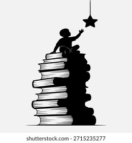 La silueta de un niño se sienta encima de una pila de libros enormes, alcanzando una estrella distante, representando las aspiraciones y el poder del aprendizaje.
