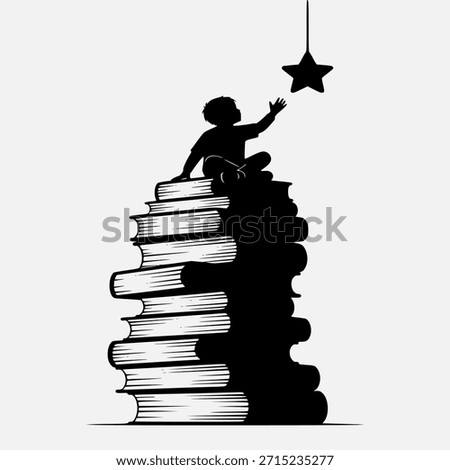 A child's silhouette sits atop a stack of enormous books, reaching for a distant star, representing aspirations and the power of learning.