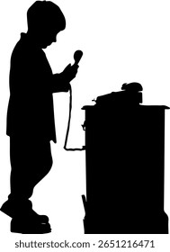 A child's silhouette stands beside a vintage telephone, appearing engrossed in a conversation, perhaps imagining a playful interaction or role-playing as an adult engaging in a serious call.