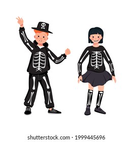 Childs in a skeleton costumes with bones for the holiday Halloween. Boy and girl in fancy dress and hat with a skull. Kid dancing in a carnival manner