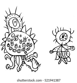 Child's style scary cartoon drawing of a monsters