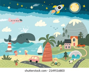 Childs style vector illustration of paradise landscape with shore, blue sea, night sky. High mountains cozy harbor at beautiful sunny day. Big whale near the beacon. Corner of country land with river.