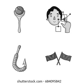 child's toy, fishing hook and other monochrome icon in cartoon style.technology and sports icons in set collection.