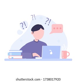 A child,student or boy does not understand the teacher's task or question.Remote online distance education at home in quarantine.Character sitting at desk, looking at laptop. Vector flat illustration.