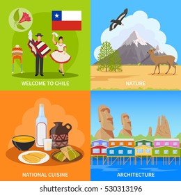 Chile 2x2 design concept set of nature architecture national cuisine and costume flat compositions vector illustration