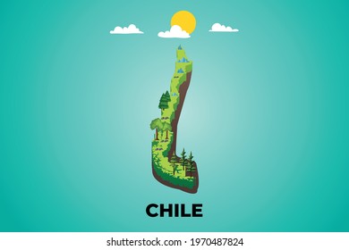 Chile 3d isometric map with topographic details mountains, trees and soil vector illustration design