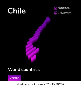 Chile 3d map. Stylized vector isometric neon map in violet colors on black background. Geography study poster, infographic element.