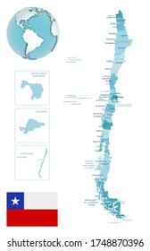 Chile administrative blue-green map with country flag and location on a globe. Vector illustration