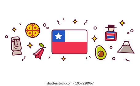 Chile banner design elements. Chilean flag surrounded with traditional signs and symbols. Vector clip art illustration, cute cartoon style.