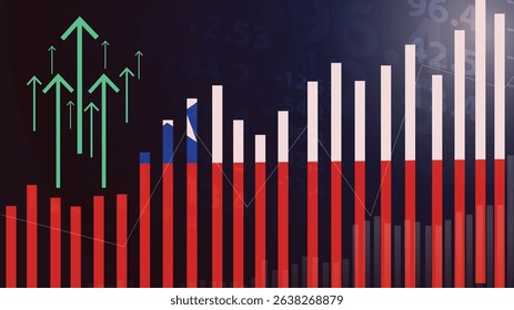 Chile bar chart graph, increasing values, country statistics concept, Chile country flag on bar graph, upward rising arrow on data, news banner idea