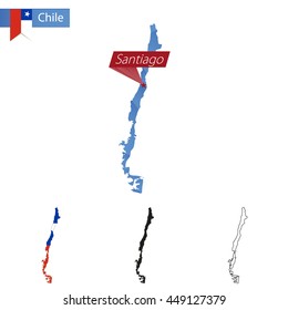 Chile blue Low Poly map with capital Santiago, four versions of map. Vector Illustration.