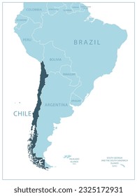 Chile - blue map with neighboring countries and names. Vector illustration