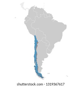 Chile in blue on the grey model of South America map. Vector illustration