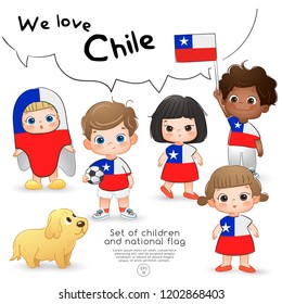 Chile : Boys and girls holding flag and wearing shirts with national flag print : Vector Illustration