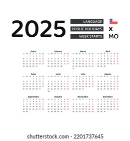 Chile Calendar 2025. Week starts from Monday. Vector graphic design. Spanish language.