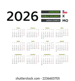 Chile Calendar 2026. Week starts from Monday. Vector graphic design. Spanish language.