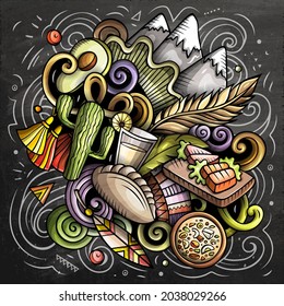 Chile cartoon vector doodle chalkboard illustration. Colorful detailed composition with lot of Chilean objects and symbols