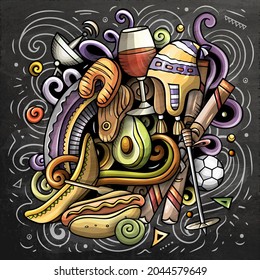 Chile cartoon vector doodle chalkboard illustration. Colorful detailed composition with lot of Chilean objects and symbols