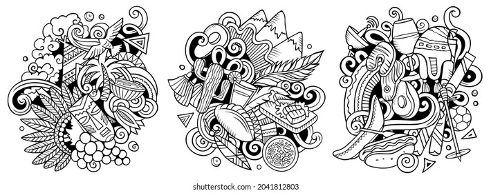 Chile cartoon vector doodle designs set. Sketchy detailed compositions with lot of Chilean objects and symbols. Isolated on white illustrations