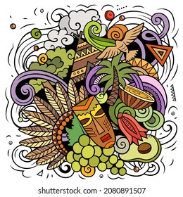 Chile cartoon vector doodle illustration. Colorful detailed composition with lot of Chilean objects and symbols