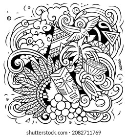 Chile cartoon vector doodle illustration. Line art detailed composition with lot of Chilean objects and symbols