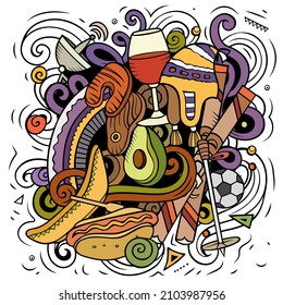 Chile cartoon vector doodle illustration. Colorful detailed composition with lot of Chilean objects and symbols