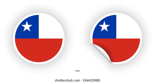 Chile circle flag with white border on white background. Chile sticker flag with peeled off on white background.