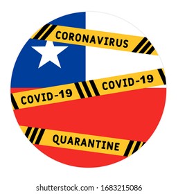 Chile closes borders. Caution tape with black and yellow lines and text keep out on Chile flag background. 