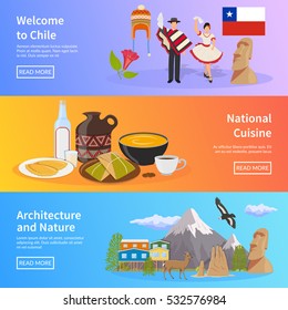 Chile colored horizontal banners set with elements of national symbols landmarks nature and cuisine flat vector illustration