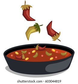 Chile con carne. Mexican traditional food. Soup with chili and beans. Vector cartoon illustration isolated on white background. svg