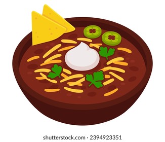 Chile con carne, traditional Mexican food. Bean and beef stew topped with cheese, sour cream and nachos. Cartoon vector clip art illustration.