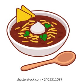 Chile con carne, traditional Mexican food. Bean and beef stew topped with cheese, sour cream and nachos. Cartoon vector clip art illustration.
