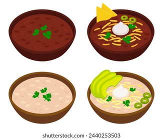 Chile con carne, comida tradicional mexicana. Estofado de frijol rojo y blanco cubierto con queso, crema agria, aguacate y nachos. Ilustración de clip art de vector de dibujos animados.