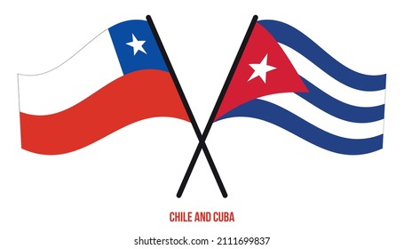 Banderas de Chile y Cuba cruzadas y ondeando estilo plano. Proporción oficial. Colores correctos.