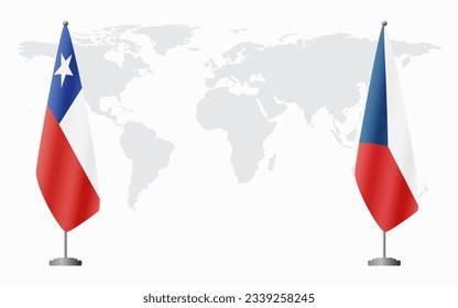 Banderas de Chile y la República Checa para una reunión oficial en el fondo del mapa mundial.