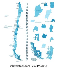 Chile - mapa detalhado do país em cores azuis, dividido em regiões. Ícones infográficos. Ilustração vetorial.