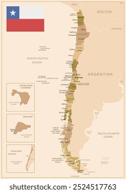 Chile - mapa detalhado do país em cores marrons, dividido em regiões. Ilustração vetorial