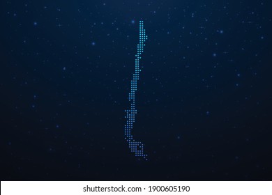 Chile dotted map in futuristic style, glowing outline made of stars lines dots. Communication, internet technologies concept on dark blue space background. Vector illustration.
