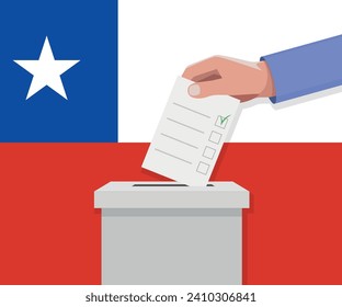 Chile election concept. Hand puts vote bulletin into vote box.